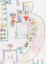 イラスト：スロープが付いた幅広の滑り台を手をつないで滑る笑顔の女の子二人。スロープと滑り台の間には色とりどりの花