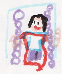 イラスト：紫色の鎖と赤い背もたれの付いたブランコに乗って楽しむ女の子
