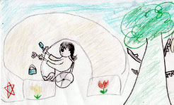 イラスト：馬蹄形の砂場でスコップやバケツを使って遊ぶ車いすの女の子。砂場はテーブルのようにレイズされ、壁にはチューリップや星の絵が描かれている