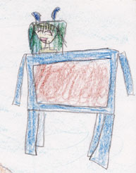 イラスト：みどりの車いすに乗る女の子が四角いテーブル状の砂場にアクセスしたところ。にっこり笑った女の子