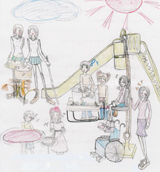 イラスト：公園で楽しそうに遊ぶおしゃれで多様な女の子達。滑り台は、友達がロープを引くと、車いすからシートに移乗した女の子が上がっていく仕掛け付き。他にも楽器を鳴らして遊ぶ制服姿の二人組など（一人は白杖を持っている）
