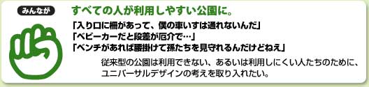 「みんなが」 すべての人が利用しやすい公園に。 「入口に柵があって、僕の車いすは通れないんだ」 「ベビーカーだと段差が厄介で…」 「ベンチがあれば腰掛けて孫たちを見守れるんだけどねえ」 従来型の公園は利用できない、あるいは利用しにくい人たちのために、 ユニバーサルデザインの考えを取り入れたい。