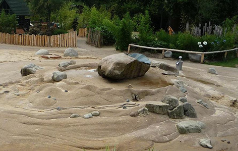 写真：水遊び場。所々に岩が置かれた小さな砂山のようだが、実際は固い地面 