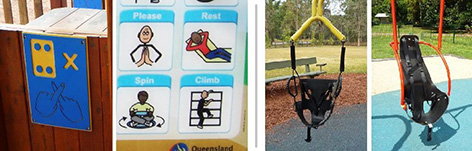 写真:パイオニアパークと今回の公園の対比。前回のアルファベットのボードと、今回のおしゃべりボード。やや無骨な背もたれ付きシートと、洗練されたブランコシート
