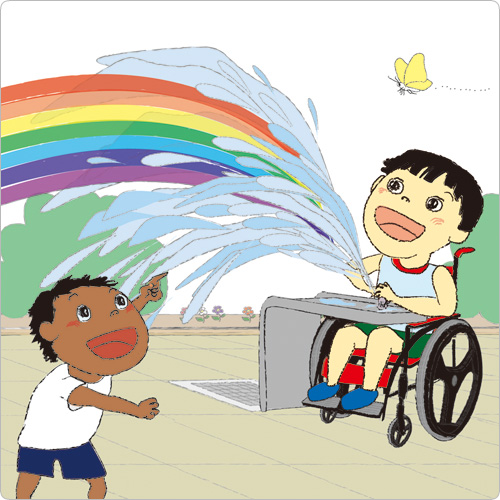 イラスト：水飲み場の水をきりのようにふき出させて虹をつくった車いすの男の子 