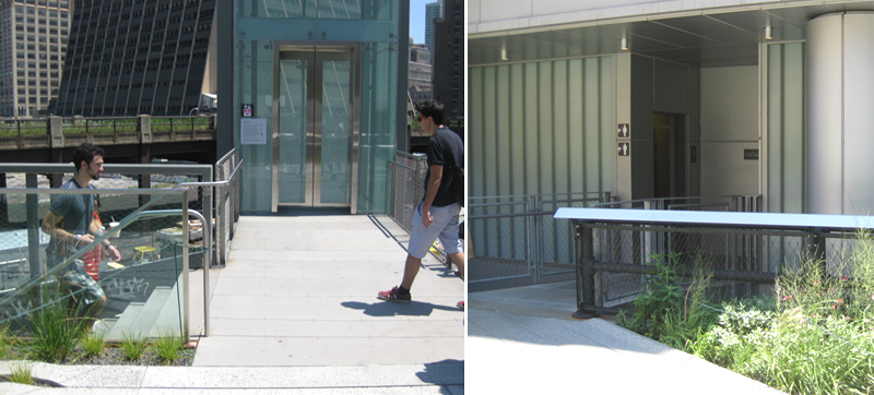 写真：ハイラインの歩道脇にある2つの施設。エレベーターと階段と、トイレ