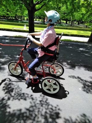 写真：座高が高く背もたれもあるリフトン三輪車に乗る娘さん