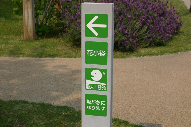 写真：園路の分かれ道にある道標。緑のパネルに白抜きの字。大きな矢印や勾配が急になることを示すピクトグラムも示されている