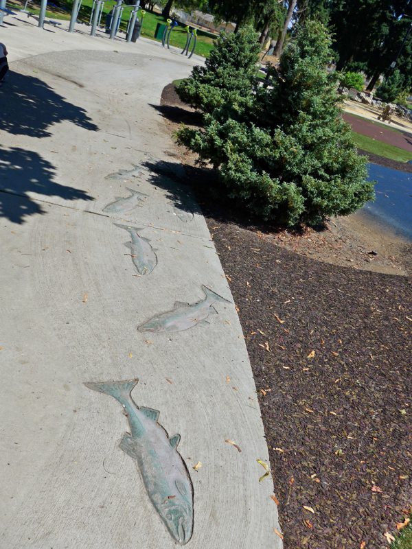 写真：園路の片側に刻まれた実物大の鮭のレリーフ