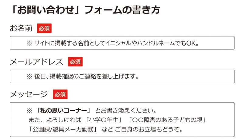 図：お問い合わせフォームの書き方。名前はイニシャルやハンドルネームも可。メッセージ欄には「私の思いコーナー」と書き添え、任意で「○○障害のある子どもの親」「公園課勤務」など立場も記入