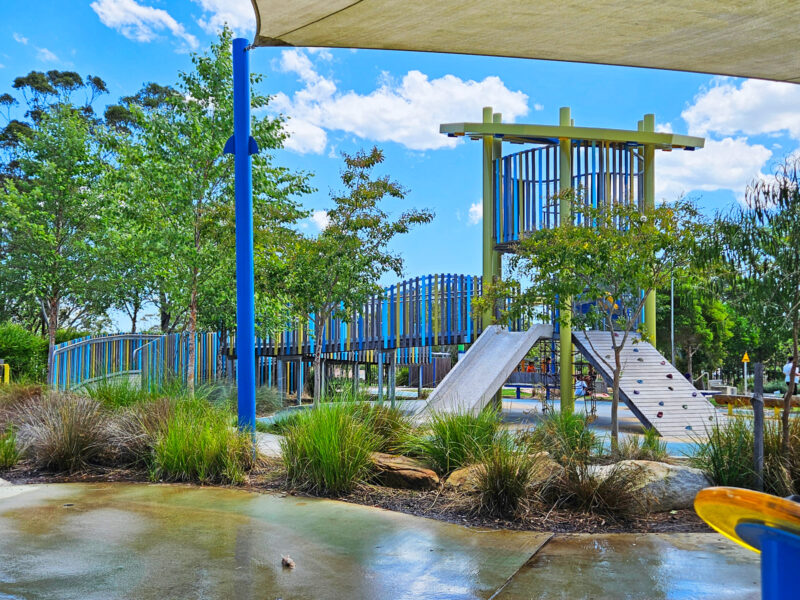 写真：木々の向こうに水色と黄色をあしらった木製複合遊具。