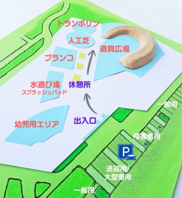 写真：手描きの全体図と紙粘土で作った土手の模型。遊び場を貫く園路の左に各エリアが並び、右の遊具広場には弧を描いて徐々に高くなる土手。