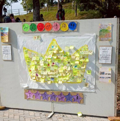 写真:ボードの模造紙にたくさんの付箋が貼られ、王冠を形作っている。「みんなが優勝!」の文字。