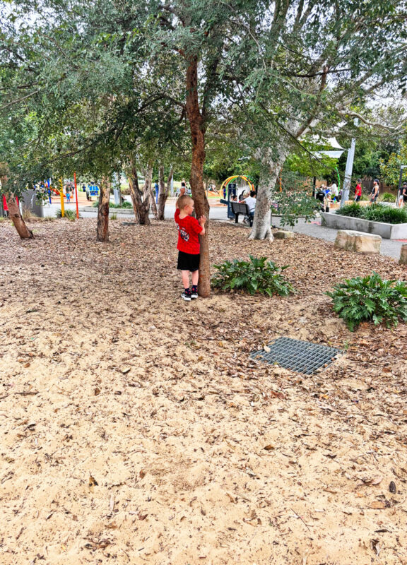 写真：林エリア。子どもが木の陰から周りの遊び場の様子をうかがっている。