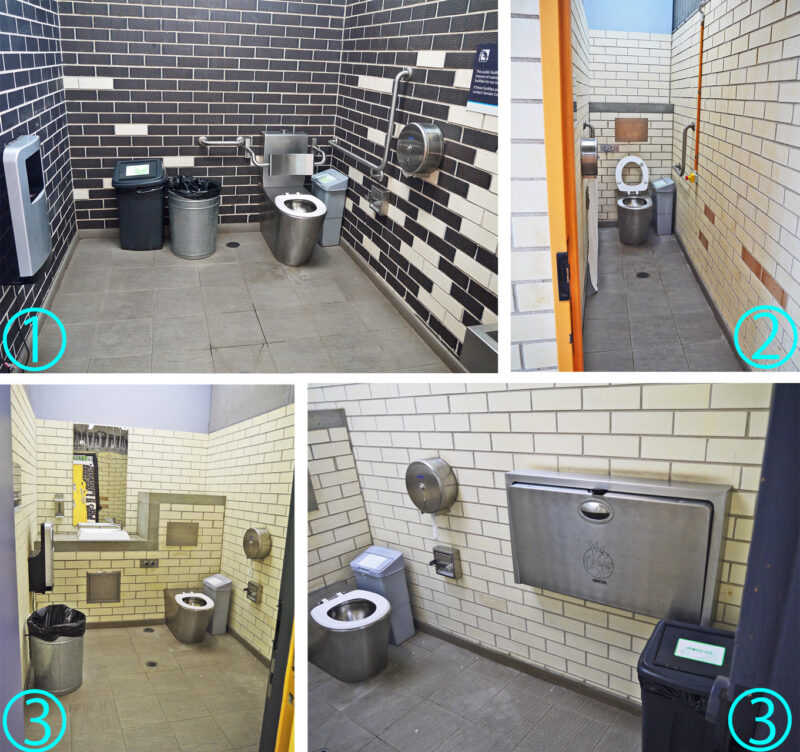写真：トイレの個室が3タイプ。①：広いバリアフリートイレ。サニタリーボックスの他、大型のゴミ箱が複数。
②：奥に細長いレイアウトのトイレ。両側の壁にL型手すり。
③：やや広いトイレ。シンク前の鏡はステンレス製で割れない。折りたたみ式のおむつ替えシートも。
